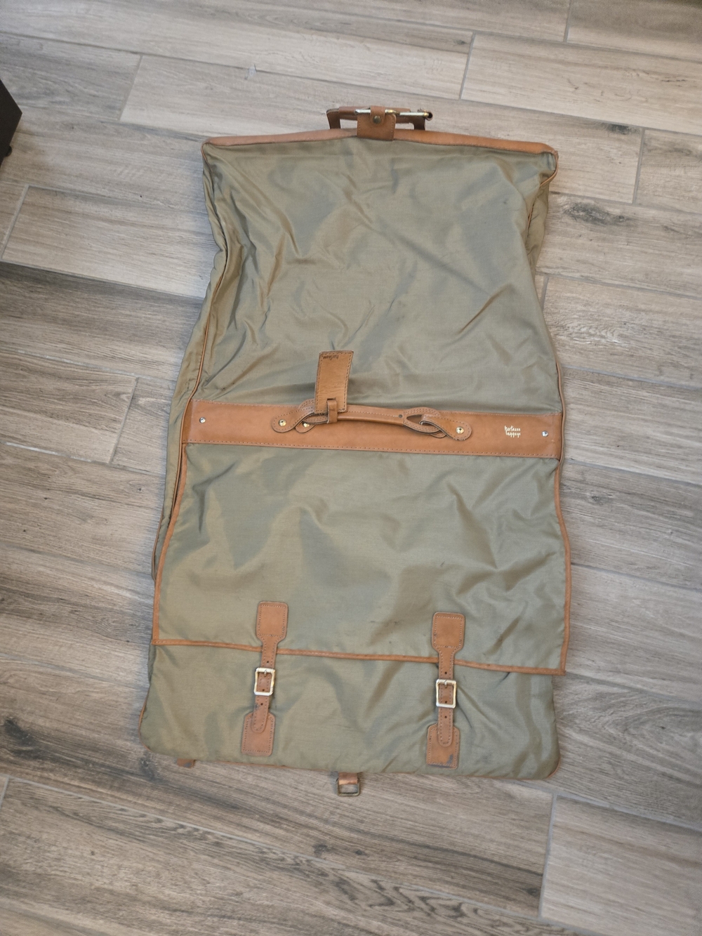 Men's Olive Green Canvas Garment Bag with Tan Leather Trim